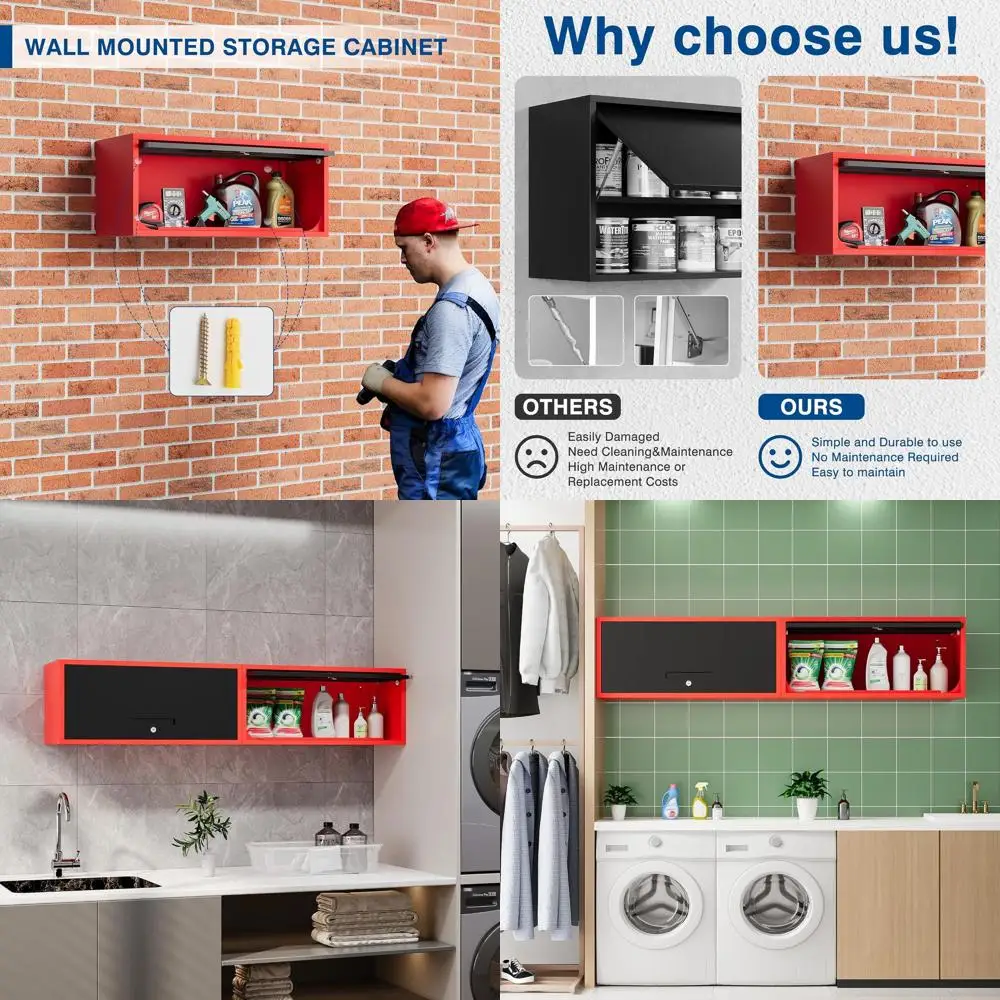 

Black & Red Wall-Mounted Metal Storage Cabinet with Locking Door - Ideal for Garage, Warehouse, or Home Office