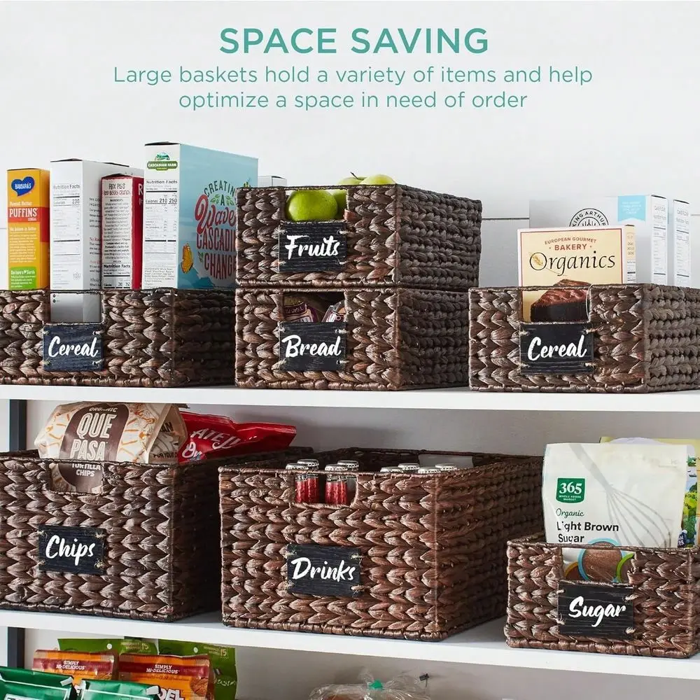 

Of 4 13x12in Water Hyacinth Pantry Baskets, Woven Organizers W Chalkboard Label, Chalk Marker Brown