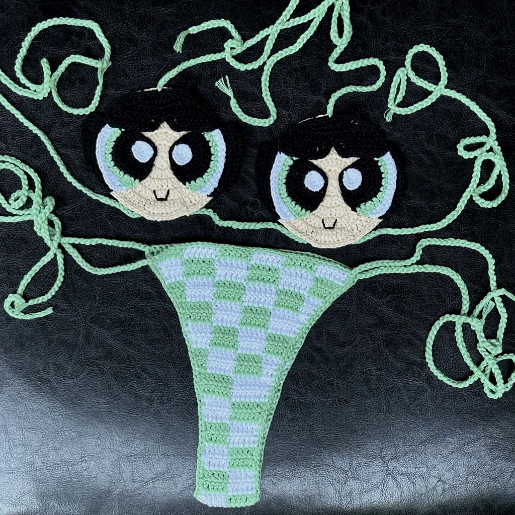 Green Powerpuff  Handmade Crochet Bikini Set Sexy String Beachwear Brazil Bathing Suit High Quality Swimwear For Vacation Wear