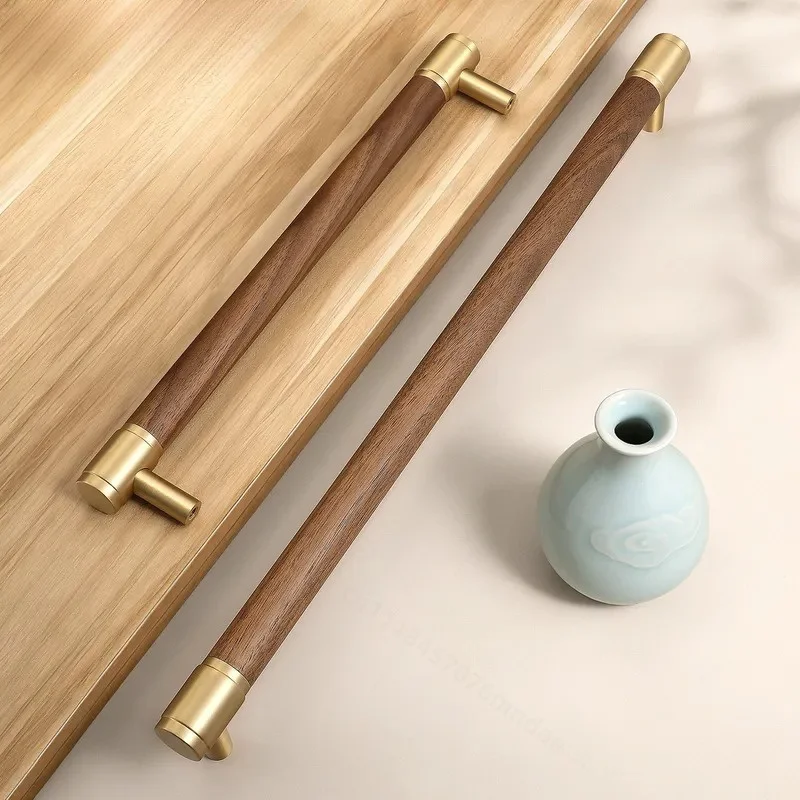 Light Luxury Walnut Cabinet Door Single Sided Handle Chinese Brass Base Sliding  Glass Door Solid Wood Door Handle