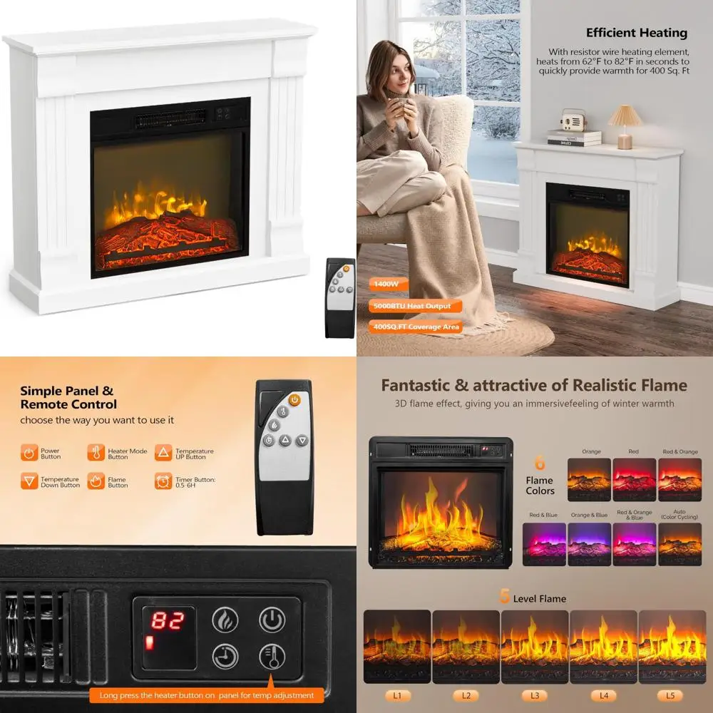 Chimenea eléctrica independiente de 32 pulgadas con repisa, control remoto, temporizador, 6 efectos de llama, calor ajustable