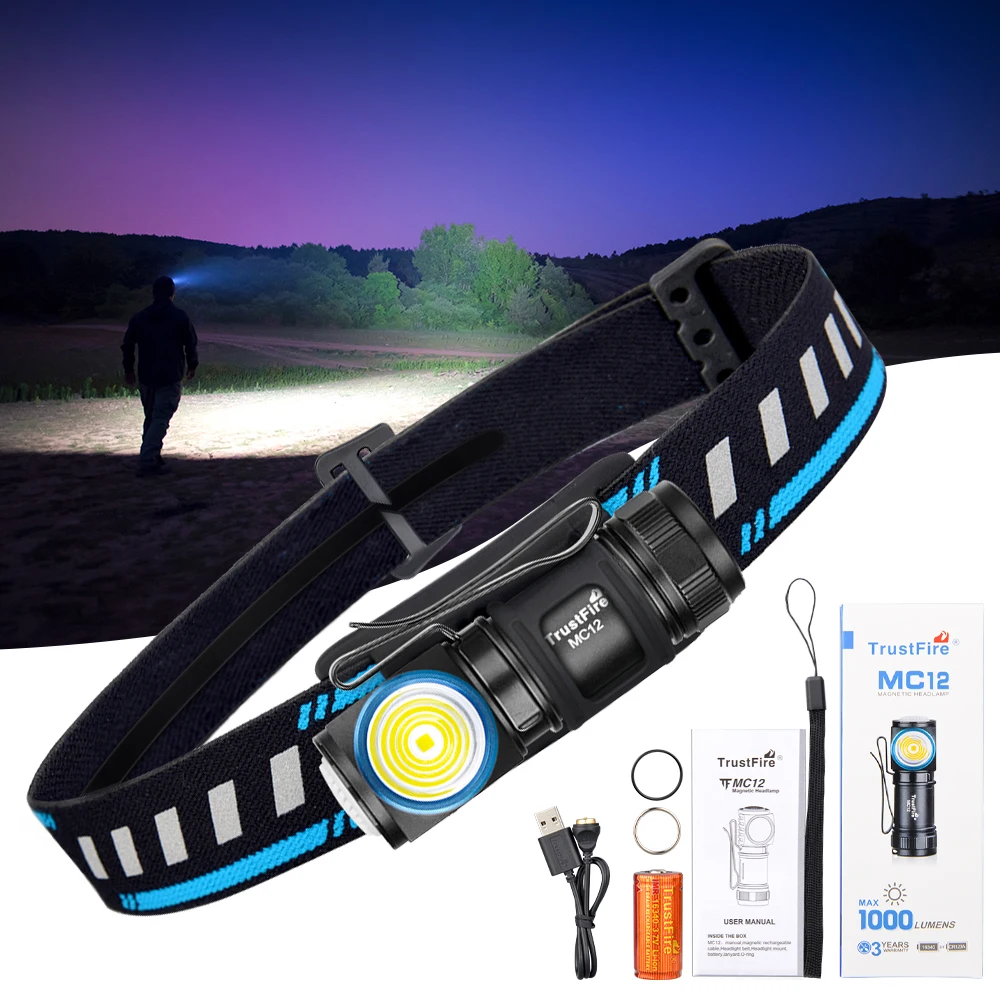 TrustFire MC12 EDC Poderoso LED Farol 1000Lumens Lâmpada de Cabeça Recarregável Magnética XP-L HI Lanterna Tocha de Acampamento