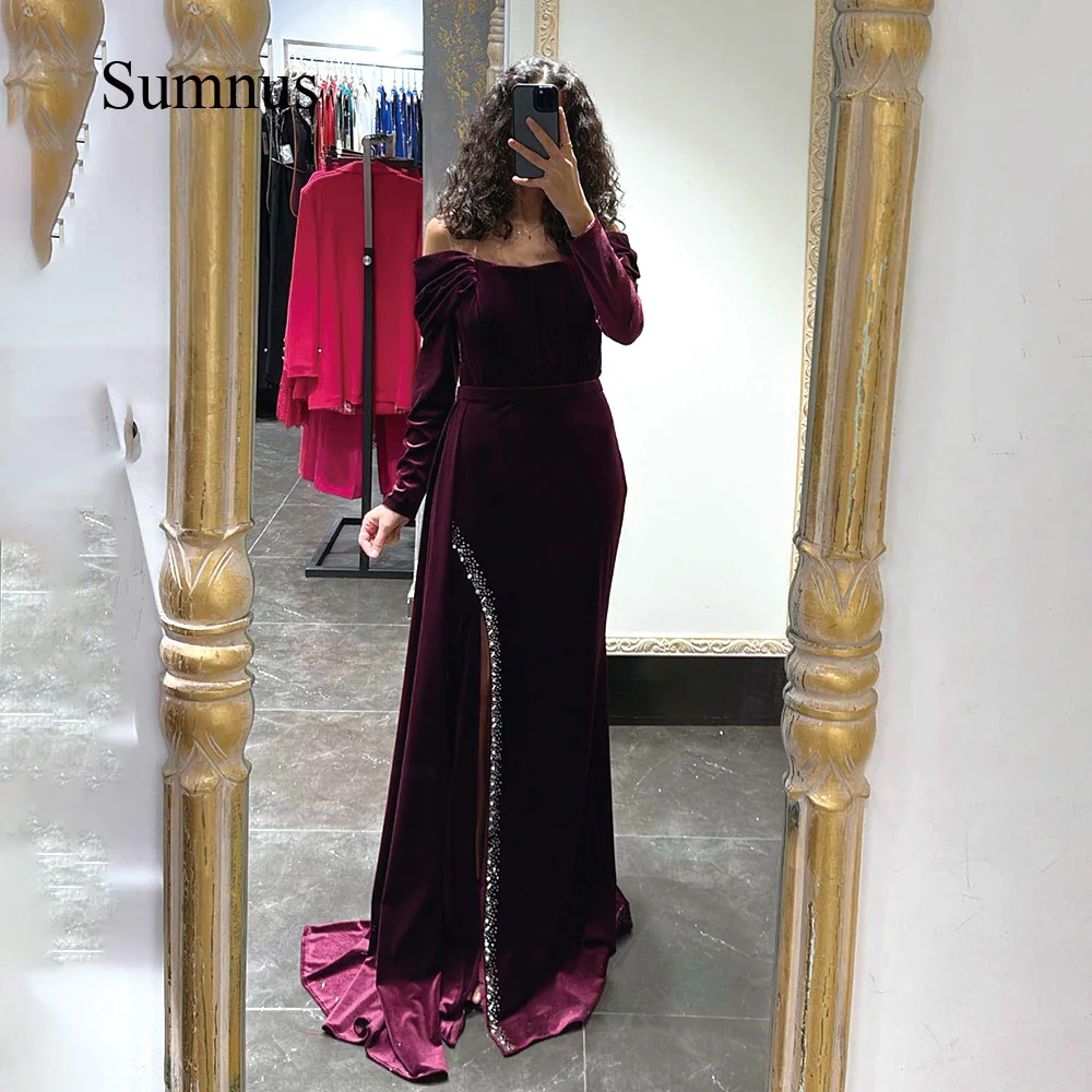 

Sumnus Burgundy Mermaid Saudi Arabic Evening Dresses Off Shoulder Long Sleeve Beads Side Split Elegant Formal Gowns for Women