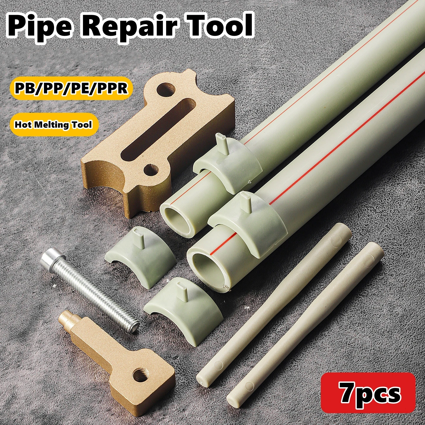 

7Pcs PB/PP/PE/PPR 4′/6′ Pipe Heating Hot Melting Tool Hot Melt Sealer Kit for Plumbing Repair Reusable Leak Fix Leak Stopper
