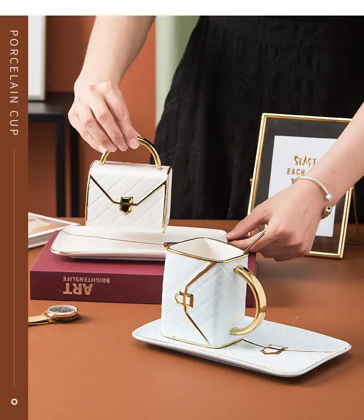 Set Tazza Da Caffè A Forma Di Borsa In Ceramica Con Cucchiaio - Design Elegante Nero Oro