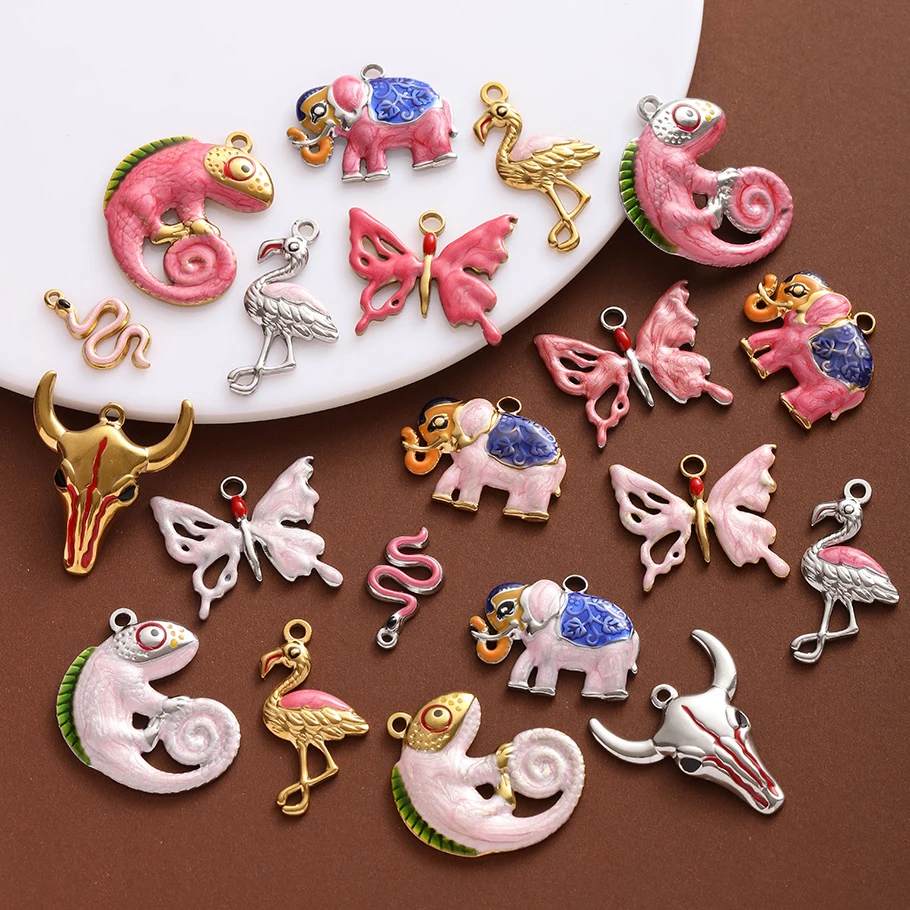 8Pcs Animal Charms Hot Pink /Pink Color Flamingo Elephant Lizard Butterfly Pendant DIY Stainless Steel Making Jewelry Necklace