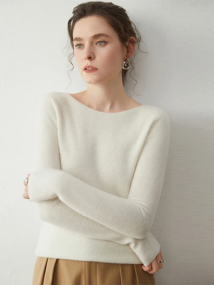 Grace Womens Sweater Pullover 100% Cashmere Sweater Autumn Winter Clothes Fashion Fish Bone Pattern Boat Neck Warm Soft Pullover