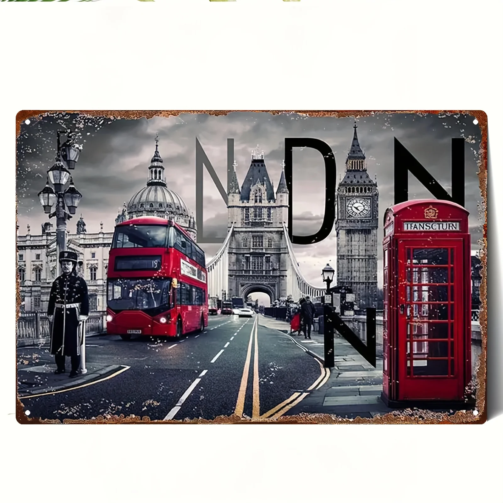 Metal Sign | Iron Plate Painting with London Street Scene Including Double-Decker Bus and Ancient Buildings | 20*30cm/ | Suita