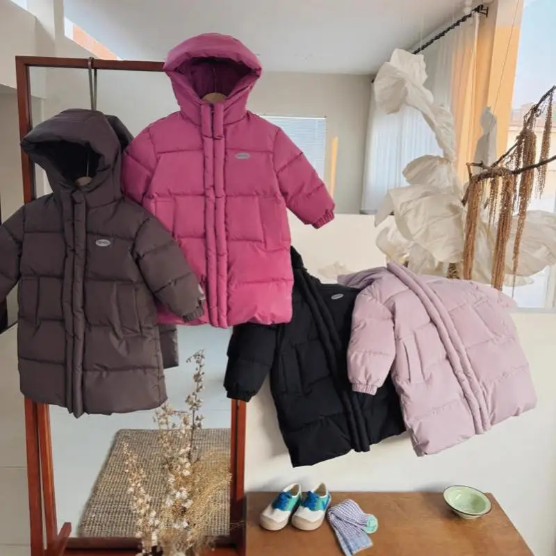 2026 Winter New Children Cotton Padded Jacket Girls Warm Hooded Coat Plus Velvet Thick Kids Long Quilted Jacket Baby Clothes