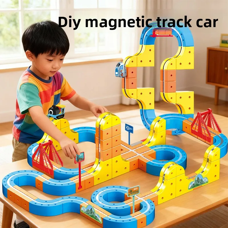 Magnetyczna kolejka dla dzieci, kostka, zabawka edukacyjna, klocki konstrukcyjne DIY, magiczna torowa kolejka, labirynt grawitacyjny, prezent na Boże Narodzenie/urodziny