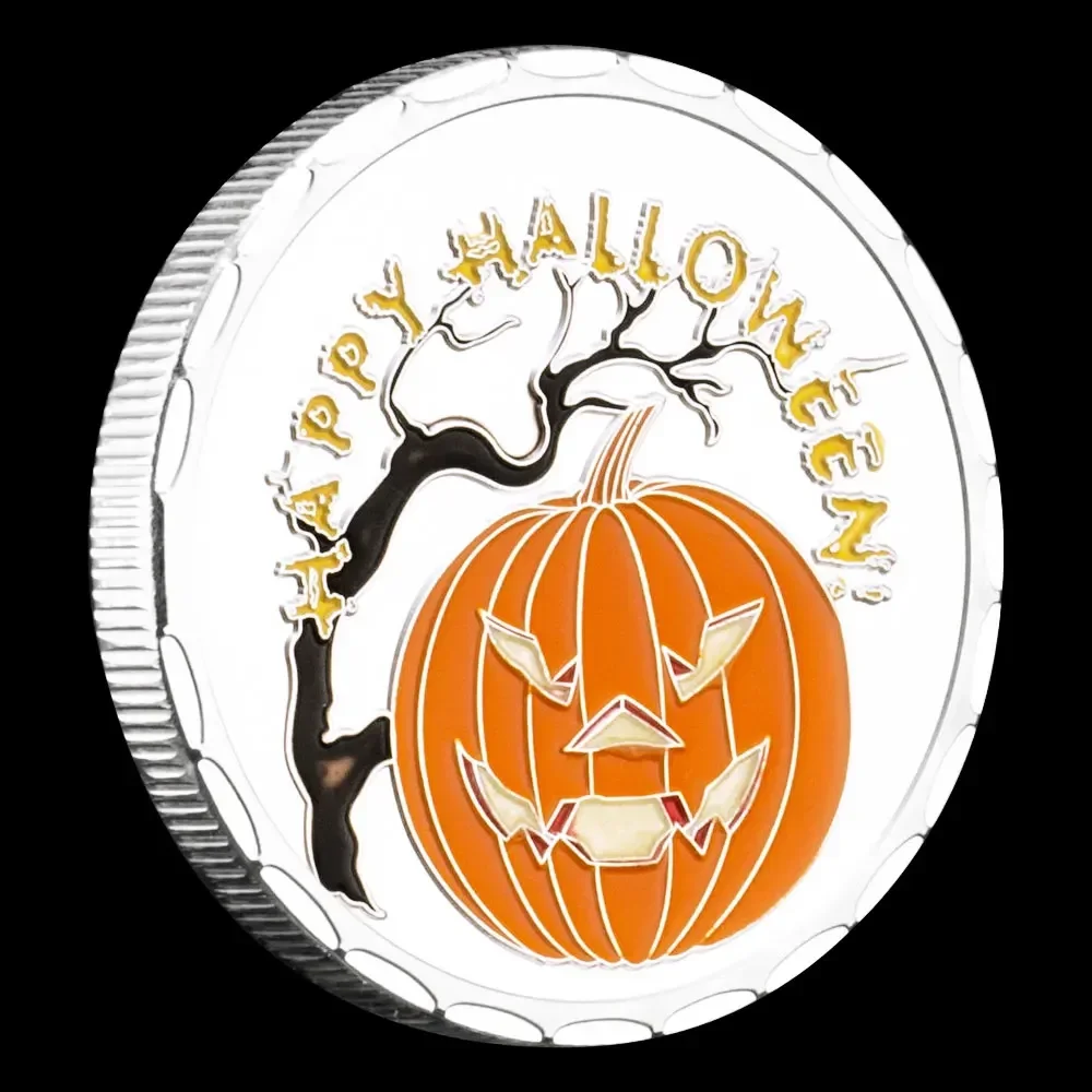 Happy Halloween Coin Plated Silvery Pumpkin Head Castle Riding Broom Witch Collectible Coins Holiday Souvenir Creative Gift