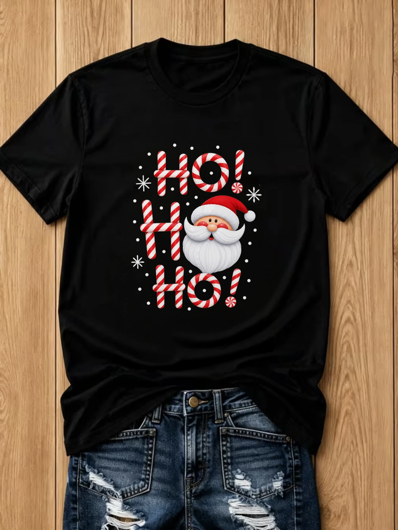 A New Arrival for Summer Autumn Funny Graphic Tees Women's Casual Crew-Neck T-Shirt Ho Ho Ho Santa Claus Pattern