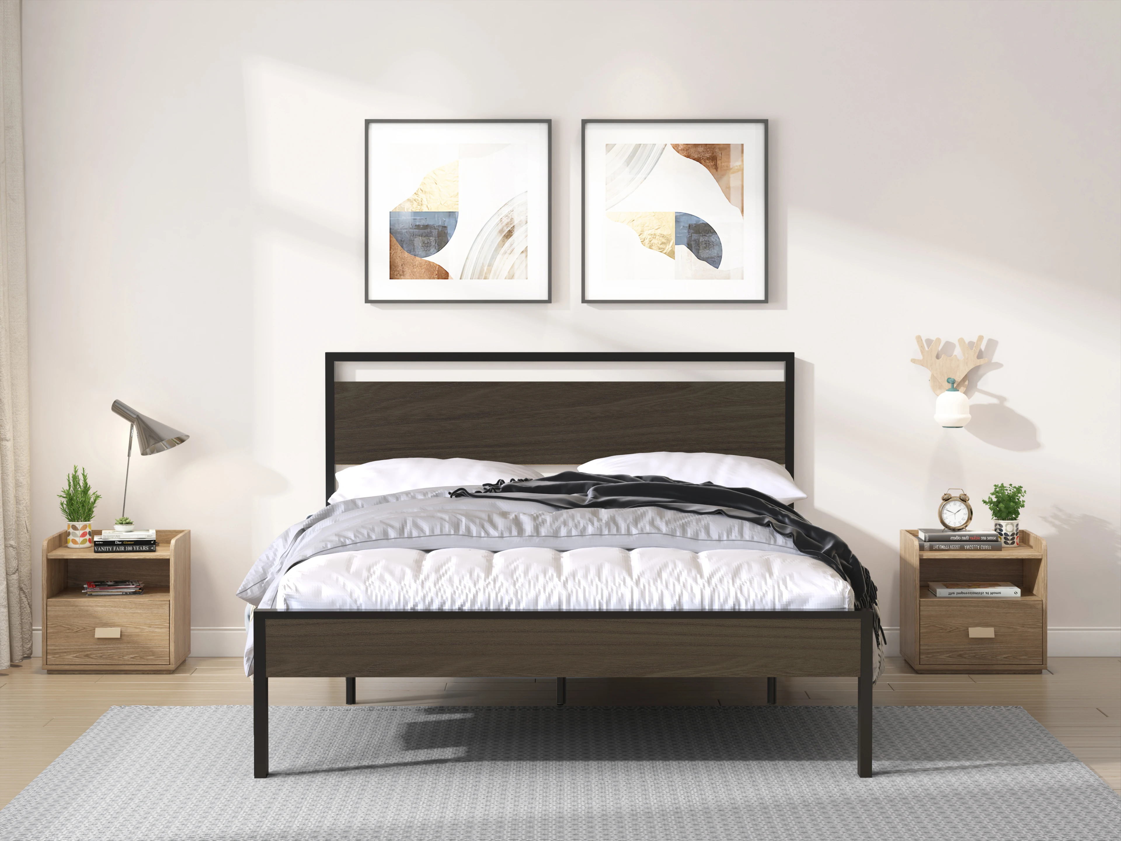 

Queen Metal Bed, Black with Walnut Wood Headboard and Footboard 83.10x61.60x40.10 in.