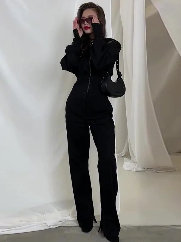 سليم صالح عالية الخصر مستقيم الساق السراويل قطعتين مجموعة لون نقي توب بوت ملابس رياضية كاجوال المرأة Faion ربيع 2025