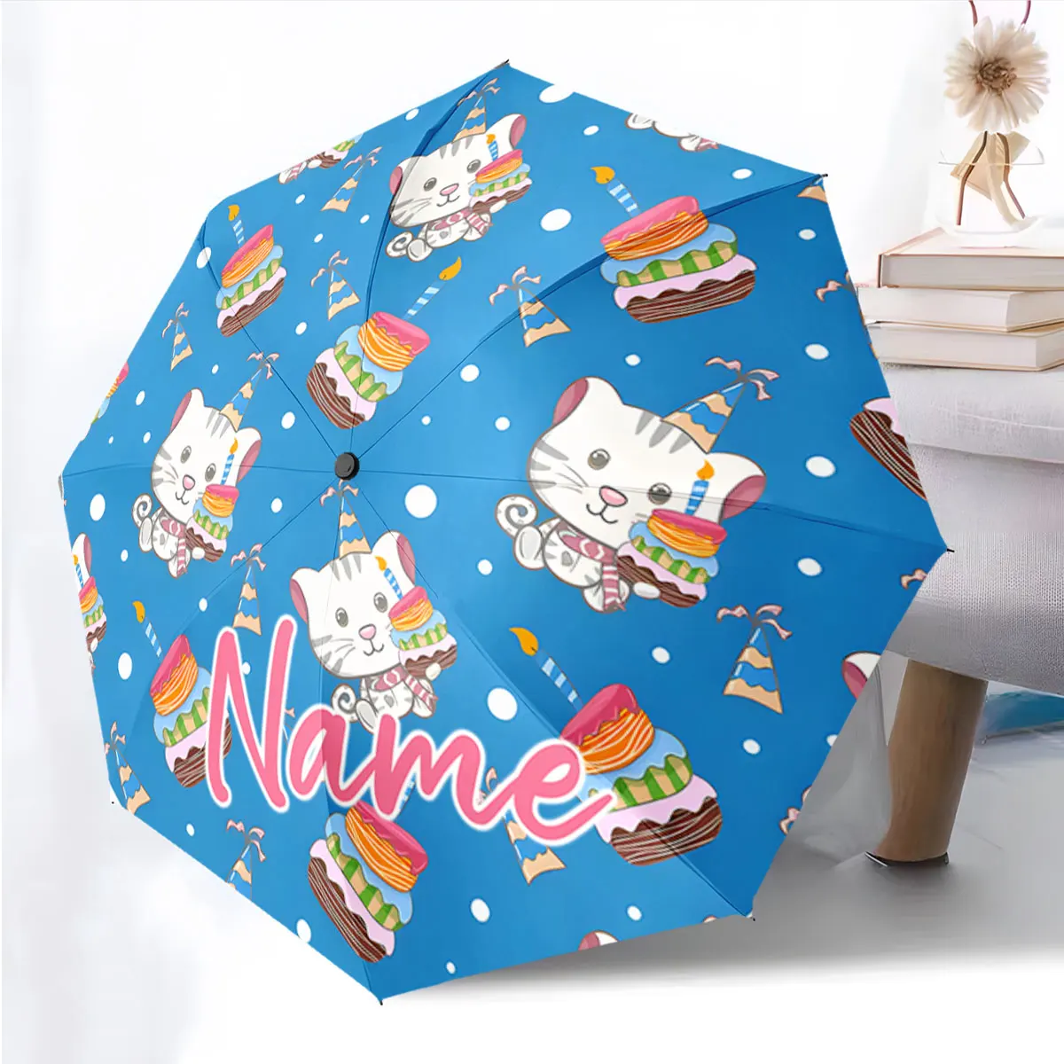 Custom Name Umbrella Bright Cartoon Cat and Cake-themed Umbrella Print 8 Iron Ribs Folding Umbrella Auto-Open Fashion Sunshade