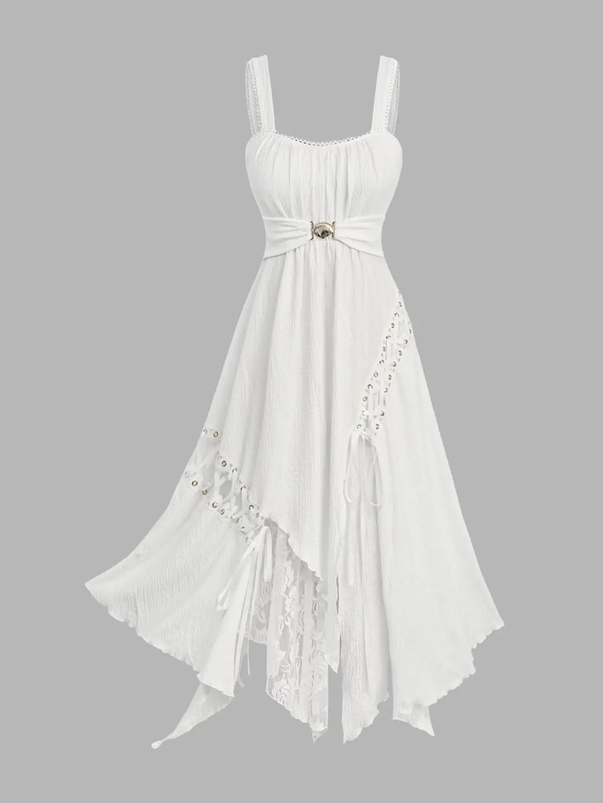 

S-3XL New White Asymmetrical Tank Dresses Lace-Up Grommets Lace Trim Shell Buckle Ruffles Women's Summer Fashion Dress