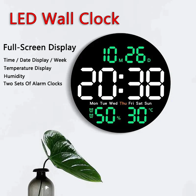 

10 Inch LED Digital Wall Clock with Remote Control Auto Dimming Temperature Humidity Date Week Display Round Digital Alarm Clock