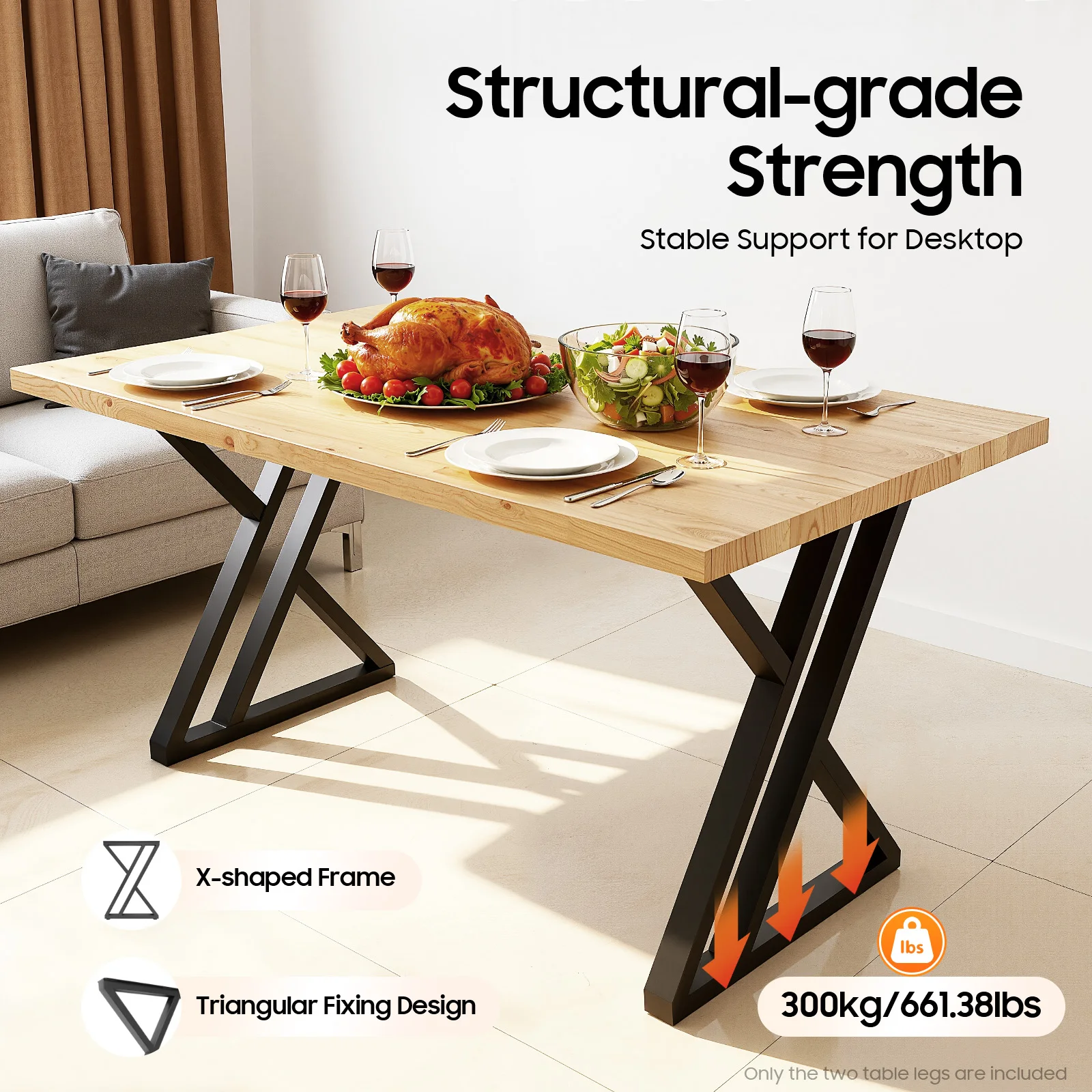 Gambe da tavolo industriali in metallo da 2 pezzi - Ferro a forma di X, carico da 661 libbre, 4 cuscinetti in gomma regolabili, nero per sala da pranzo/soggiorno