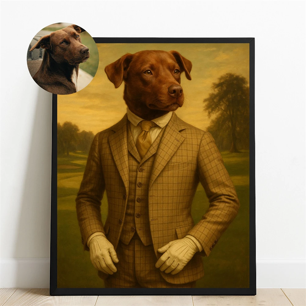 Custom Golf Dog Portrait Poster Funny Pet Portrait Print Retro Cat Dog Portrait Canvas Painting Golfer Pet Print Canvas Painting
