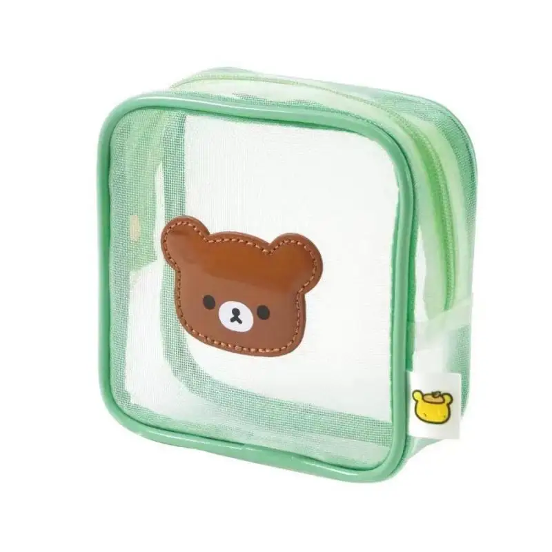 Kawaii Cute Rilakkuma Wash Bag Mesh Square Small Item Transparent Miscellaneous Storage Makeup Bag Cartoon Ins Gift For Girls