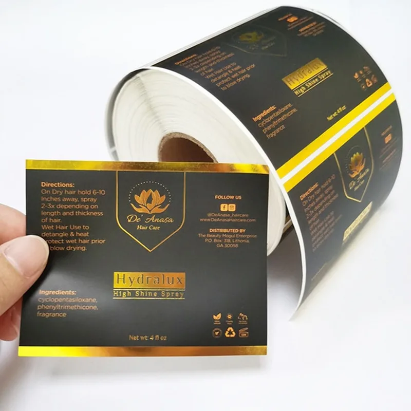 

Customized Waterproof Black and Gold Foil Hair Shampoo Stickers Golden Shiny Roll Packing Labels Personalized Logo