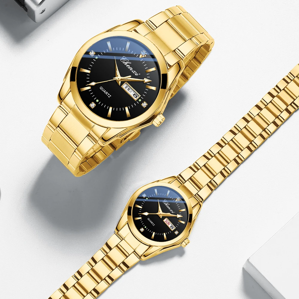 CHENXI Classic Golden Quartz Watch for Women Men Fashion Luxury Style Ladies Couple Wristwatch Waterproof Stainless Steel Clock
