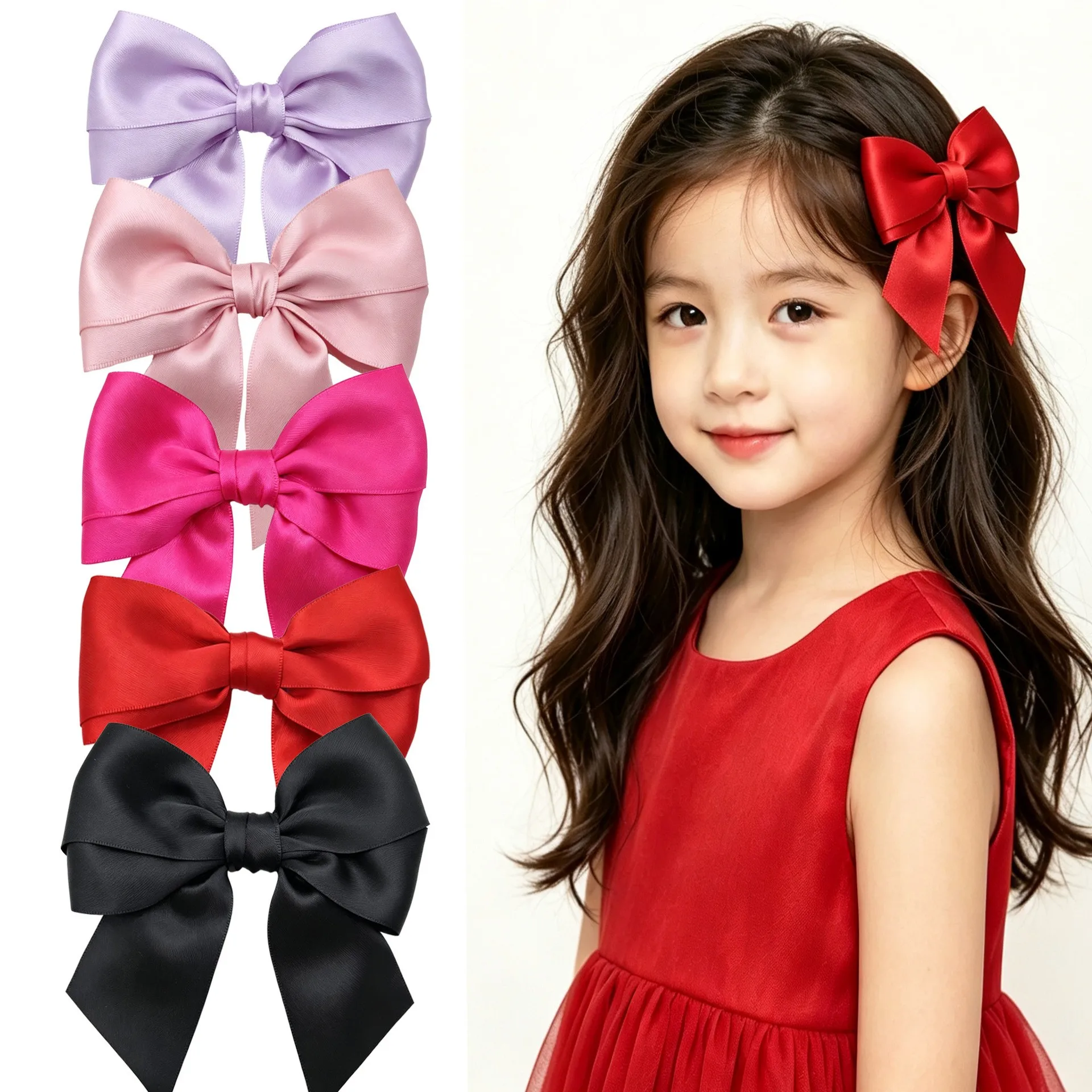 60pc New Baby Girls Hair Clips 4Inch Satin Ribbon Bow Hairpins Kids Barrettes Bulk Children DIY Headwear Hair Accessories