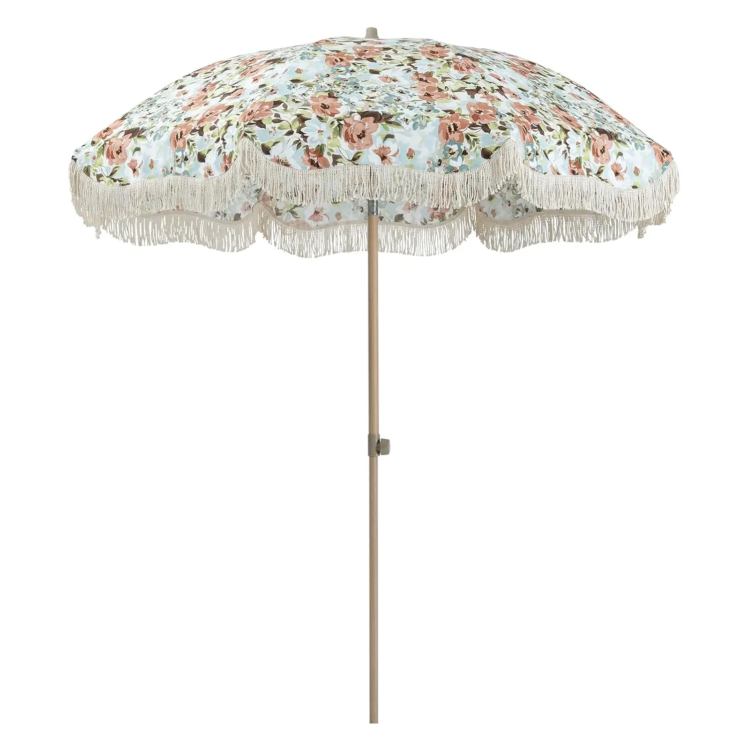 7ft Boho Patio Umbrella Fringe UPF 50+ UV Water-Resistant Wood Pole Button Tilt Outdoor Beach Sun Shelter, Customized