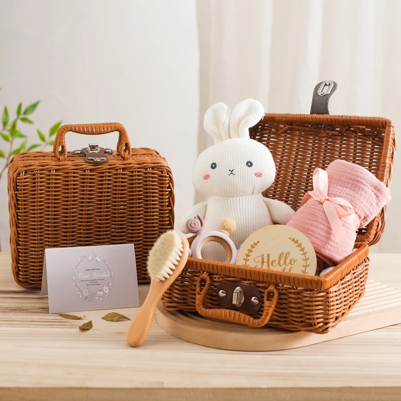 Baby Bath Toys Set Crochet Rabbit Rattle Teether Toys Silicone Rudder Teething Toys Cotton Towel Wool Brush Weave Gift Box Set