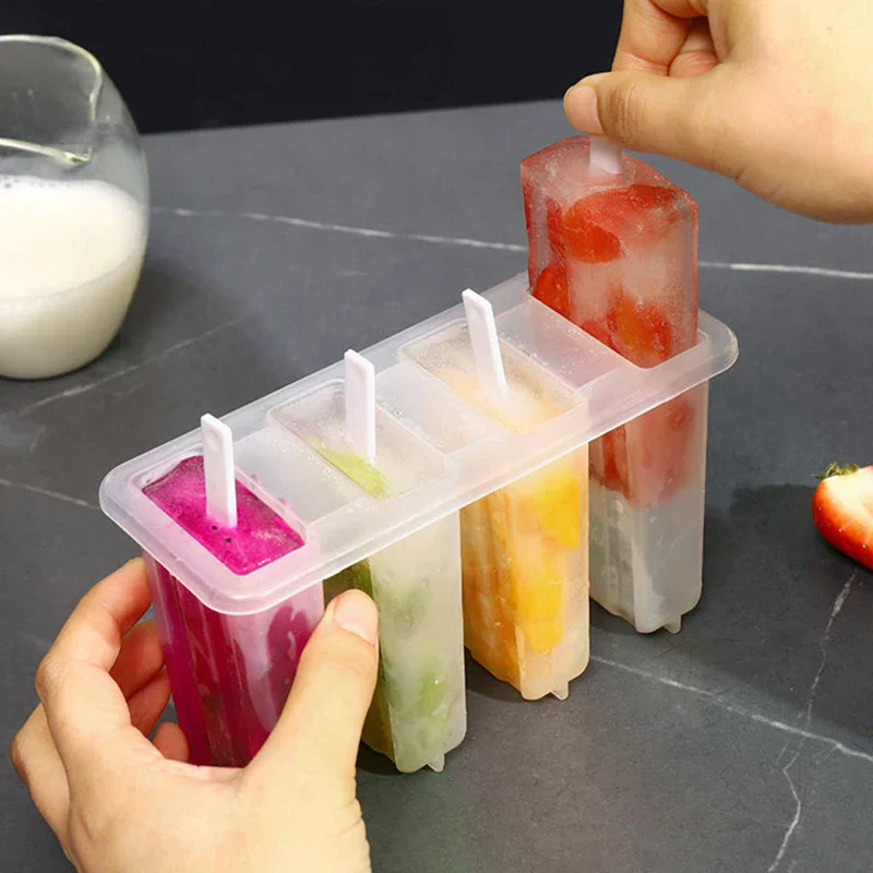 4-Cavity Ice Cream Popsicle Mold Set Reusable Ice Tray with Sticks and Lid DIY Summer Kitchen Tool