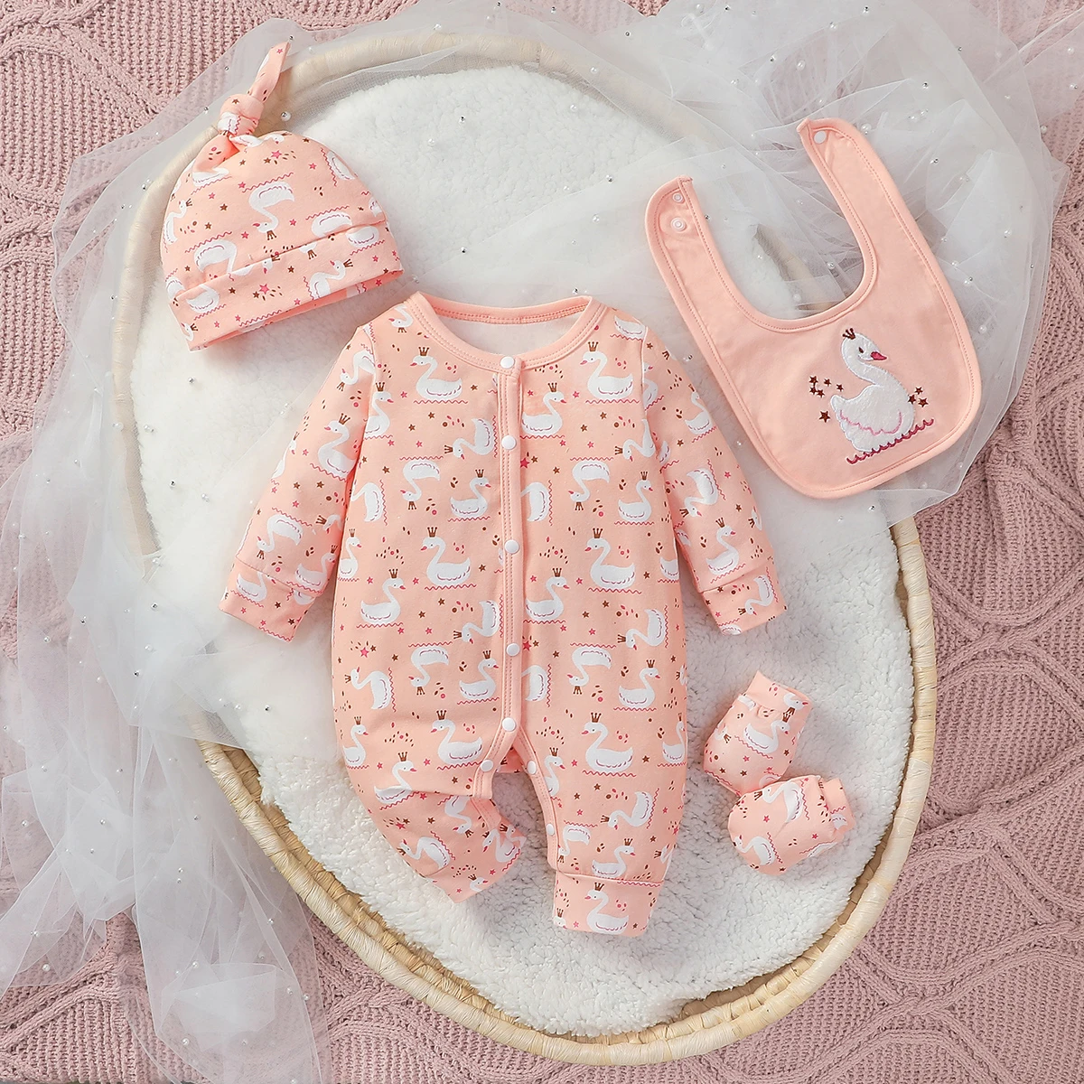 4Pcs 2024 Baby Clothes Cotton Newborn-6M   Jumpsuit Cartoon Swan Print Girls Outfit  Rompers Clothing+Hat+Bib+Gloves