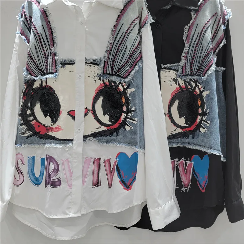 2025 Autumn New Korean Fashion Loose Turn-Down Collar Long Sleeve Shirt for Women Design Sense Denim Patchwork Cartoon Shirt