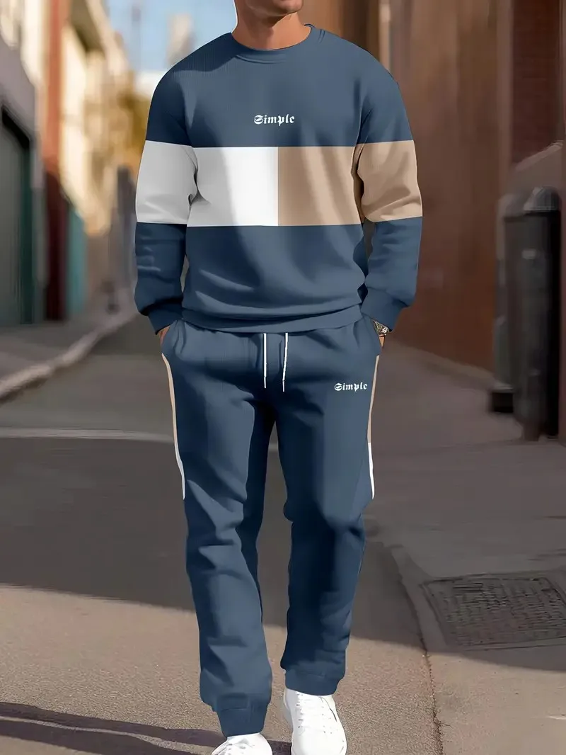 The new men's round-neck hoodie set for Spring and Autumn 2025 features a casual and comfortable 3D letter pattern print