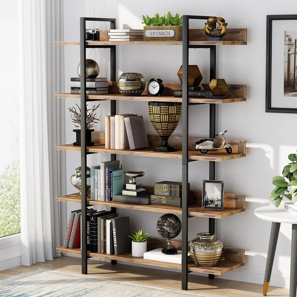 Tribesigns Bookshelf Storage Rack Standing Shelf 5 Tier Industrial Sturdy Bookshelf with Iron Pipe Frame