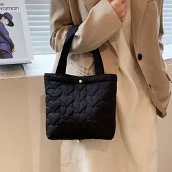 Solid Color Quilted Tote Bags Large Capacity Cotton Padded Handbags Trendy Fluffy Shoulder Bag for Winter Travel Women Girls