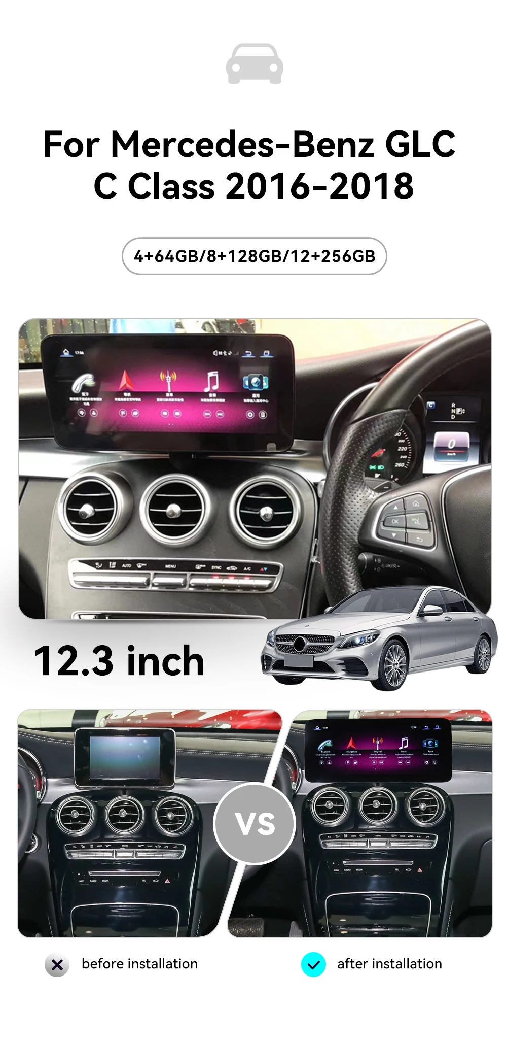 

RELI2 ZWNAV 12.3" for Mercedes-Benz GLC C Class 2016-2018 Multimedia Android Car Radio Auto GPS Navigation Monitor Car Screen S