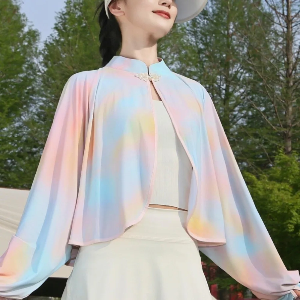 Sweet Ice Silk Sunscreen Shawl Solid Color Thin Sun Protection Clothing Quick Dry Long Sleeve Tie-dye UV Protection Cape Summer