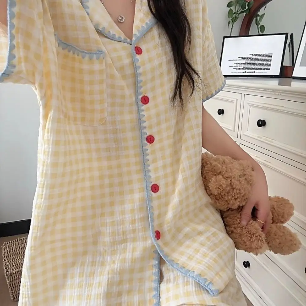 

Comfortable Sweet Plaid Pajamas Set Loose Summer Thin 2 Piece Nightwear Home Wear Lattice Short Sleeve Pajamas Summer