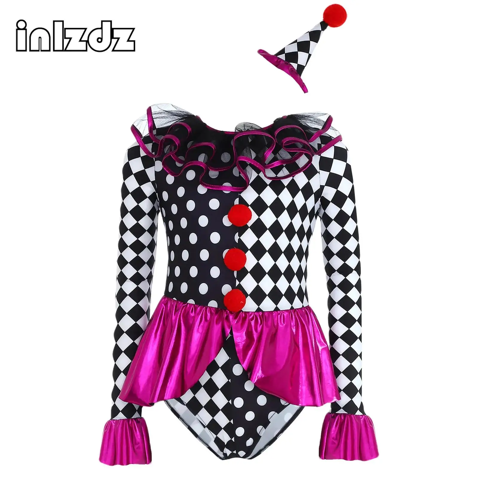 

Kids Girls Halloween Clown Joker Bodysuit Costume Metallic Ruffle Skirt Checkerboard Print Dance Leotard Dress Carnival Dress Up