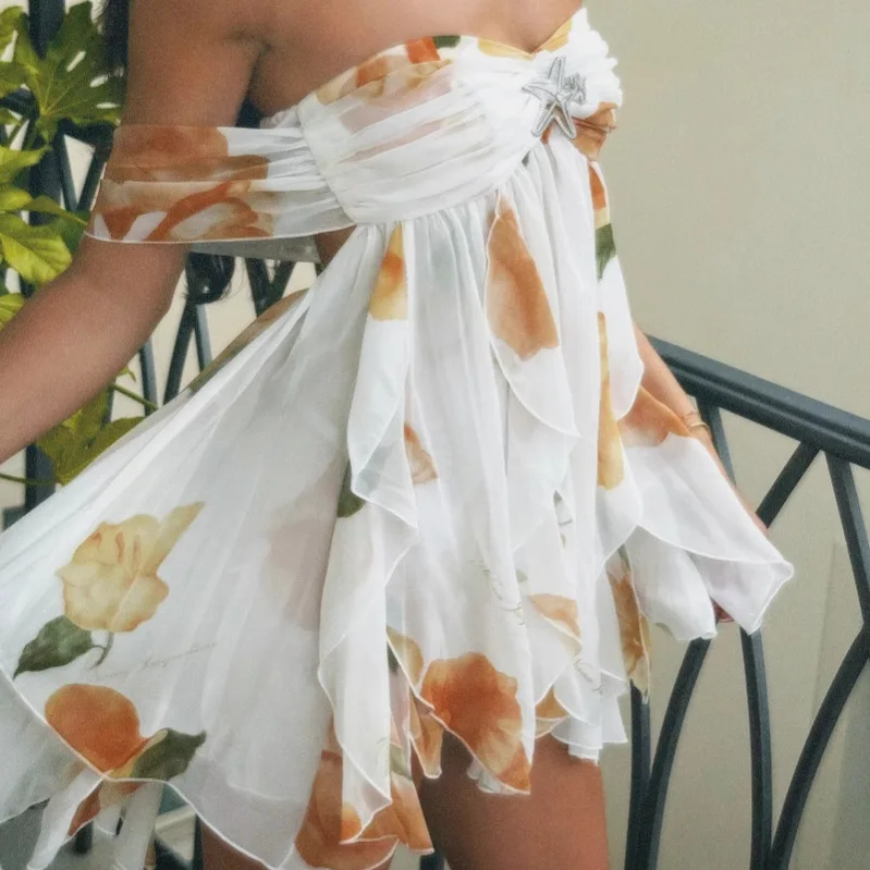 French Socialite Fairy Mini Dresses Women Sexy Backless Irregular Chiffon Print Tube Top Mini Dress Prom Banquet Vestidos Female