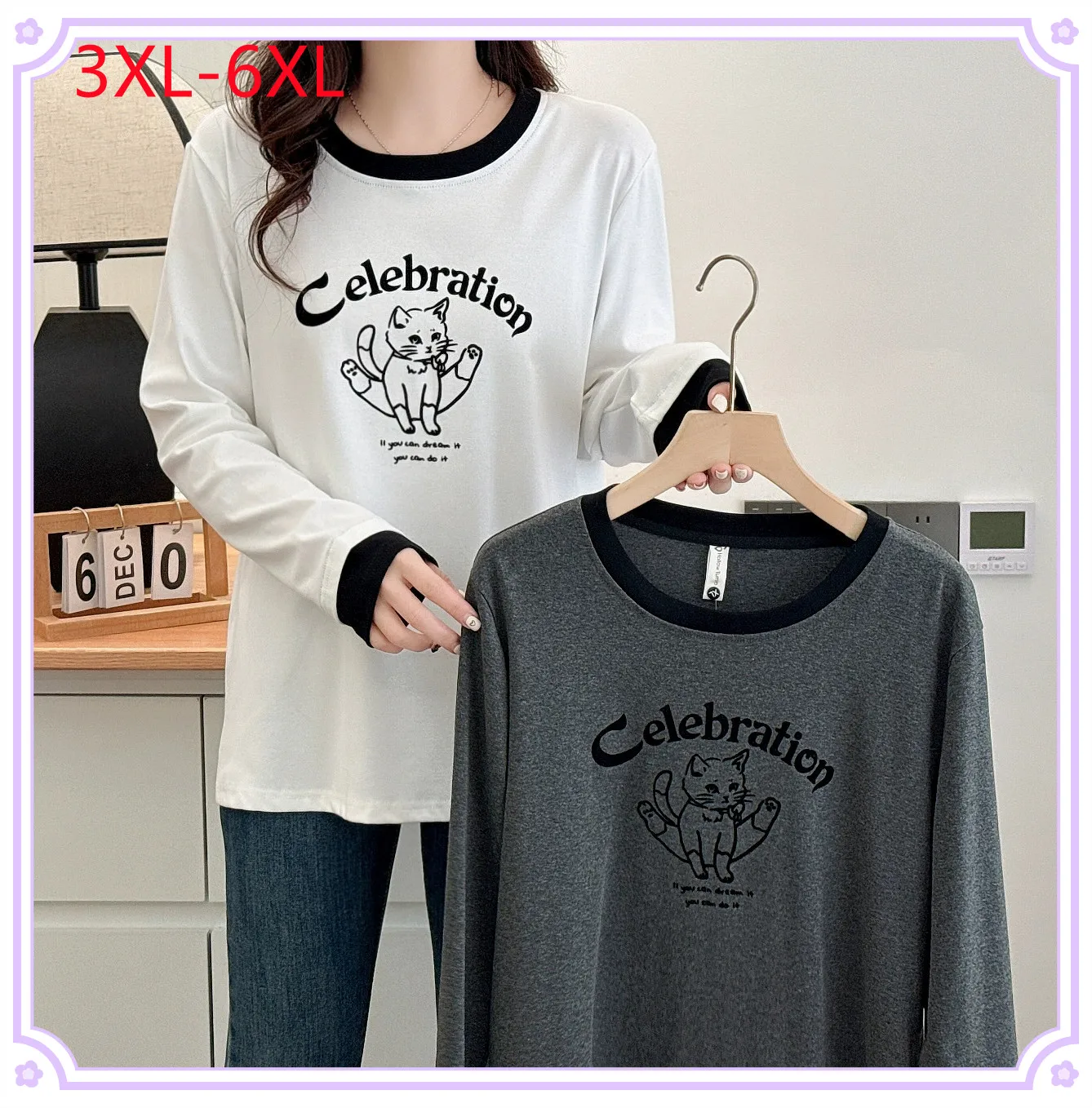 

New 2025 Ladies Spring Summer Plus Size T-shirt For Women Large Size Long Sleeve O-neck Print Tops 3XL 4XL 5XL 6XL
