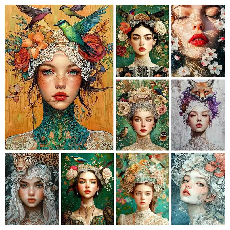 5D Diamond Painting Kit Full Drill - Woman Flowers And Birds Beautiful Girls