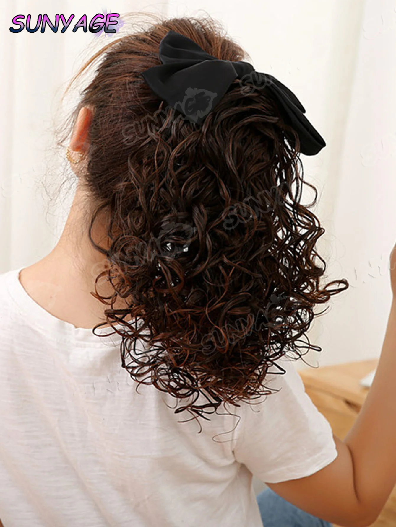 SUNYAGE-peluca sintética Retro para mujer, cola de caballo, estilo peine, lazo, pelo corto y rizado, clip, cola de caballo corta, fácil de usar