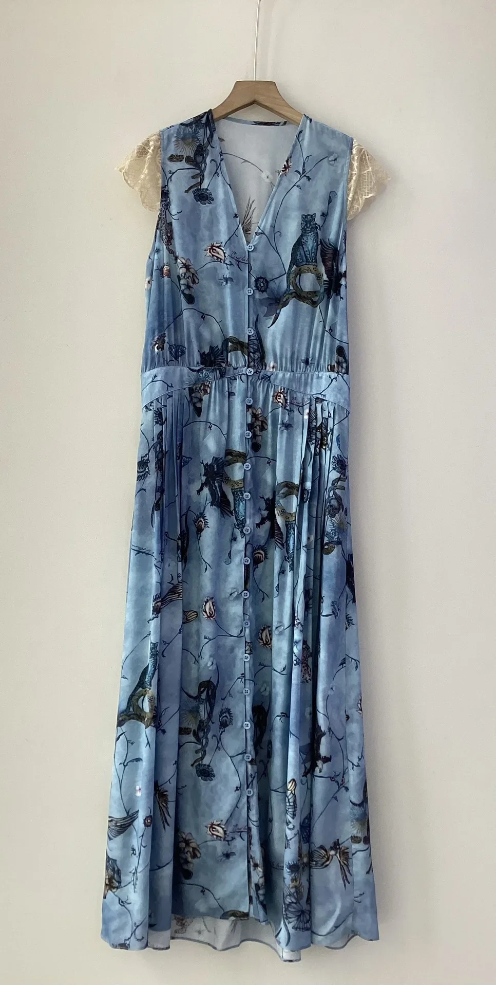 

Butterfly Floral Print Women's Midi Dress Spring Lace Stitching Sleeveless Single Breasted Elegant Ladies 100% Viscose Robe