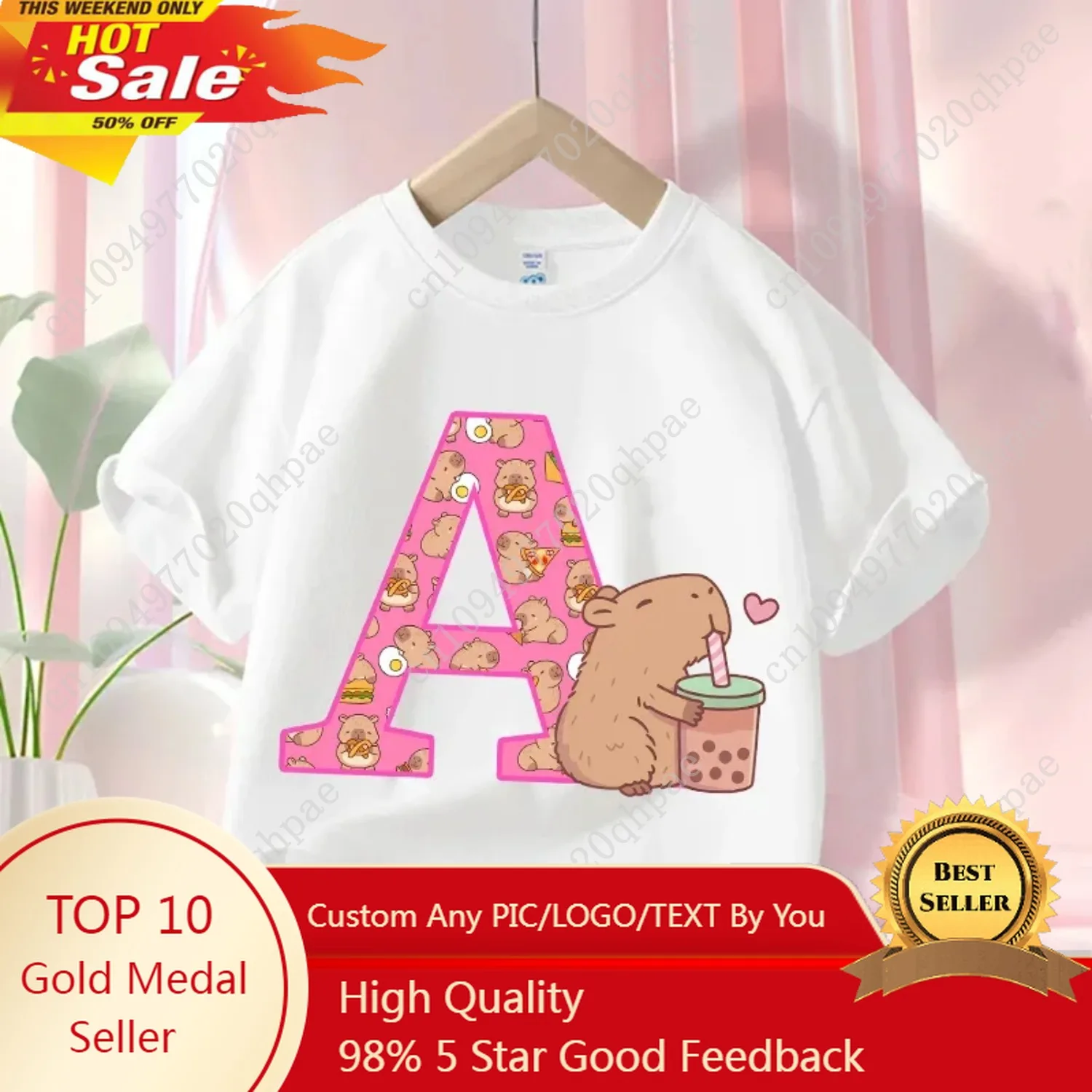 

Summer Cute Anime Cartoon Capybara Letter A-Z Kids Girls/ Boys Short Sleeve Casual Fashion Pullover Comfortable Children Tees