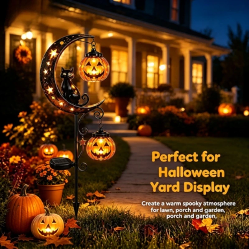 New Solar Powered Halloween Pumpkin Moon Cat Earth Plug in Light Courtyard Light Ghost Festival Black Cat Decorative Ornament