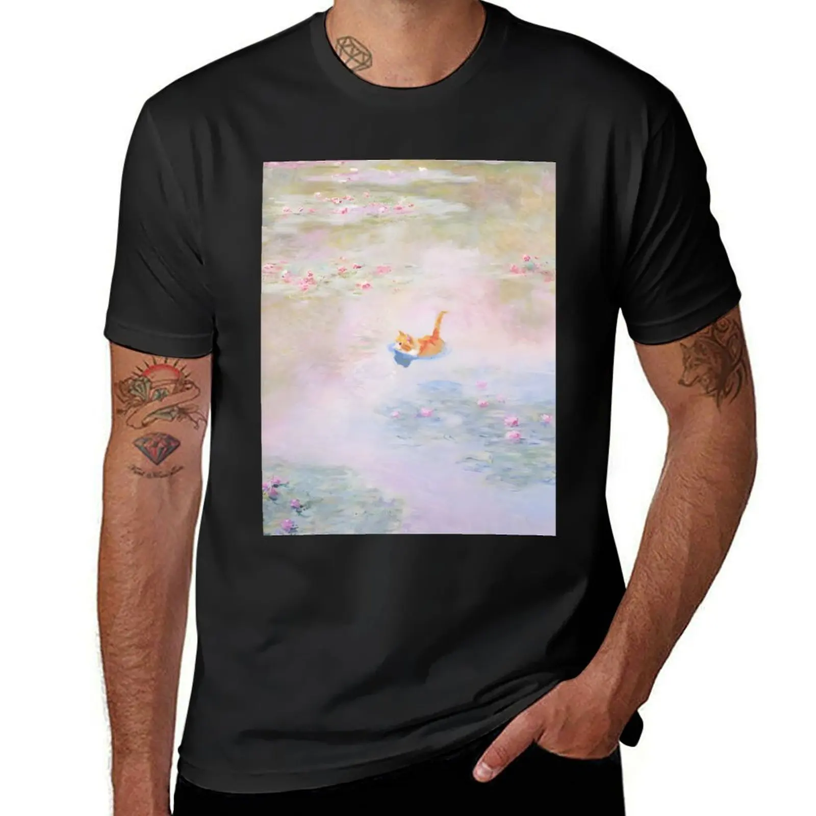 Monet Cute Cat in the Water Lily Pond T-Shirt tees quick drying heavyweights korean fashion designer t shirt men