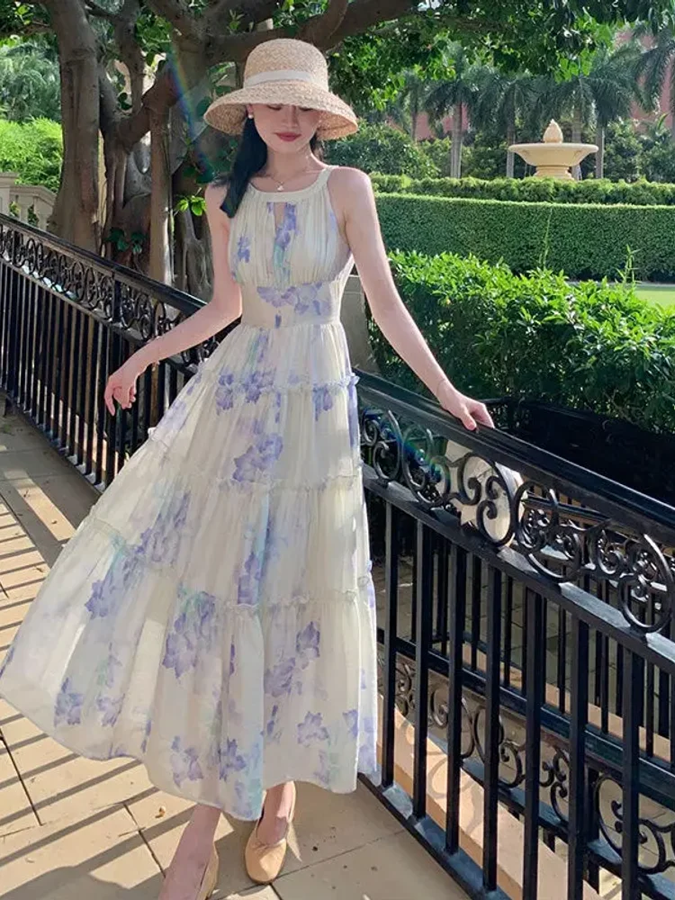 프랑스 스타일 여성 드레스 우아한 꽃 인쇄 홀터넥 오프 어깨 민소매 긴 드레스 부드러운 Vestidos Femme