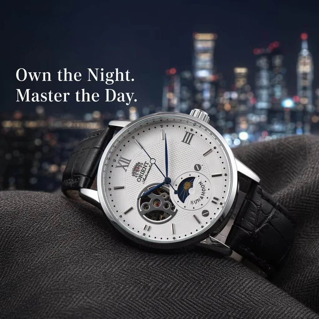 Automatic Men Mechanical Oriental Watch Sun Moon Phase Skeleton Dial Crocodile Grain Leather Strap Business Gentleman Wristwatch
