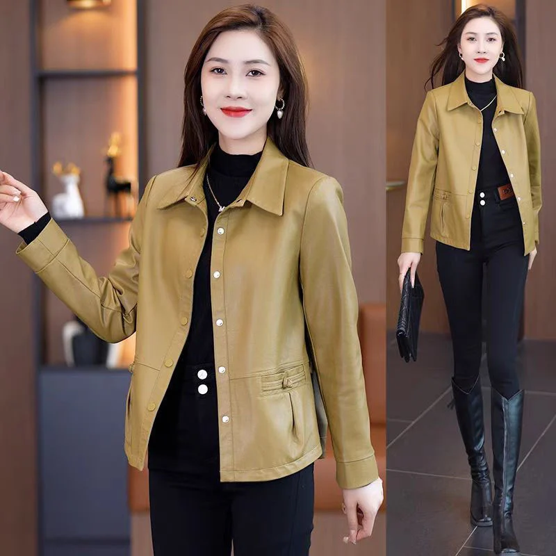 2025 nueva chaqueta de cuero Pu para mujer, corta coreana para primavera y otoño, informal, combina con todo, chaquetas de cuero de un solo pecho para mujer, Top exterior